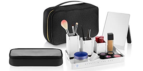 Travel Makeup Organizer. Cosmetic bag with a mirror, 3 packable organizers, a 10.5"x6" tray, and 3 zippable pouches. Beauty & The Box Traveler. For organized business and vacation travel.