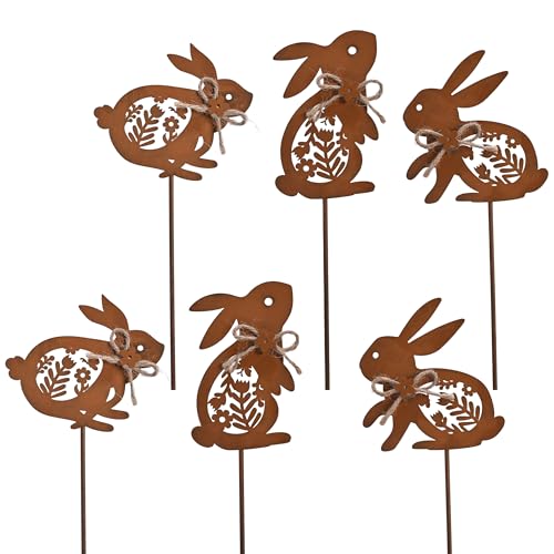 TERESA'S COLLECTIONS 6er Rost Ostern Hasen Gartenstecker für Osterdeko, 25cm Hasen Blume Rostoptik...