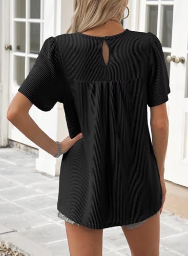 Womens Summer Tops Crewneck Short Sleeve Striped Shirts Casual Ribbed Blouses Flowy Hem Boho Clothing 20253