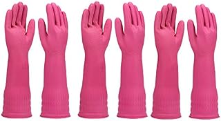 Rubber Dishwashing Glove Kitchen Cleaning Gloves 3-Pairs,Waterproof Reuseable. (Pink, Small)