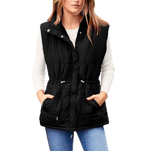 Womens Puffer Vest Zip Up Stand Collar Jacket Sleeveless Quilted Lightweight Jacket Waist Drawstring Down Vest Coat