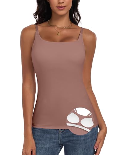 WOWENY Damen Unterhemd BH-Hemd Basic U-Ausschnitt Eingebauter BH Bügelloser Spaghettiträger Gepolstert Tank Tops,Braun,L