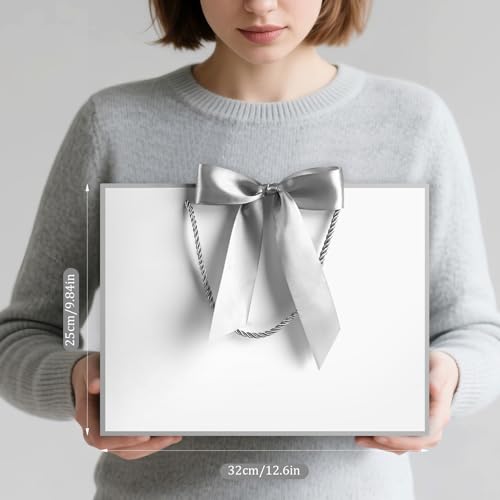 Image of JMANNI Gift Bags with Handles, 13 inch Medium Gift Bag for Presents, 1 Pcs Bags with 2 Tissue Paper and 1 Cards for Baby Shower Wedding Bridal Shower Mother's Day Birthday Party (Silver)