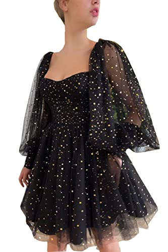 Women's Sweetheart Sparkle Starry Tulle Homecoming Dress 2022 Short A-Line Lacing Bodice Puffy Sleeve Prom Dress Formal Evening Gown Black Us4 #TOP4