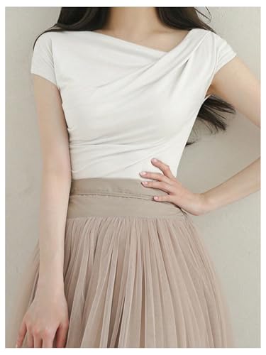 OYOANGLE Women's Asymmetrical Neck Short Sleeve T-Shirts Ruched Tight Shirts2