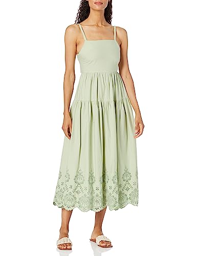 Moon River Women's Sleeveless Back tie Shirred Tiered Eyelet midi Dress,  sage, M at Amazon Women's Clothing store