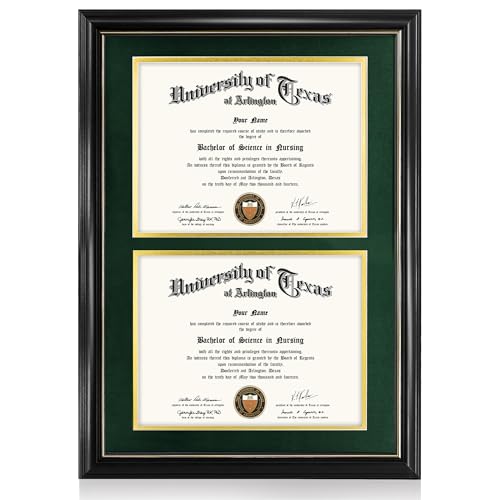 GraduationMall Double 8.5x11 Diploma Frame,Solid Wood & Tempered Glass,Black Finish with Gold Trim,Forest Green & Gold Mat