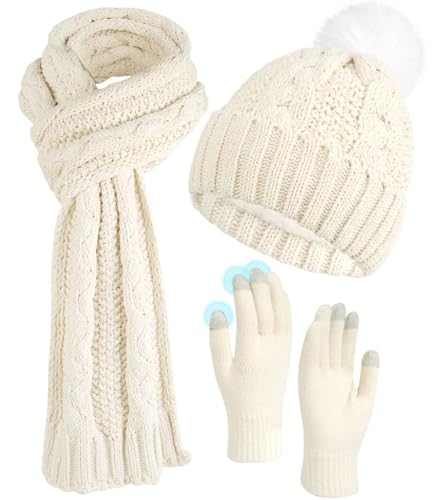 ILovDaisy Mütze, Schal & Handschuh-Sets für Damen Winter, Beanie Gestrickte Wintermütze mit Bommel, Thermo Winterhandschuhe Touchscreen, Warme Kuschelige Schal Winterset Elfenbein
