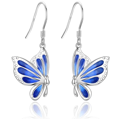 Butterfly Earrings, 925 Sterling Silver White Gold Plated Butterfly Dangle Earrings for Women Lovers of Butterflies