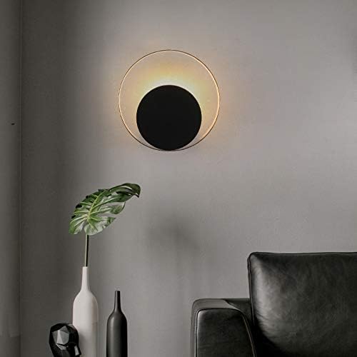 LITFAD Circle Wall Sconce Light Postmodern Metal 1 Head Black and Brass Wall Lamp Creative LED Wall Light for Restaurant Bedroom Living Room Corridor, Warm Light