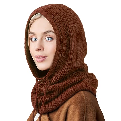 DRESHOW Wintermützen für Damen Balaclava Strickmütze Skull Cap mit Kordelzug Warmer Kapuzenschal Mütze