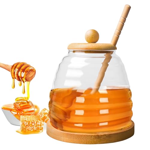 BORDEAG Olla de miel con cuchara, dispensador de miel de 500 ml, tarros de miel con cuchara, tarro de miel con cuchara de miel, cristal de miel con cucharón y tapa, de vidrio de borosilicato para la