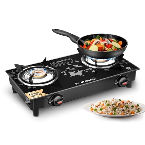 Longway Astra Glass Top, 2 Burner Manual Ignition Glass Gas Stove...
