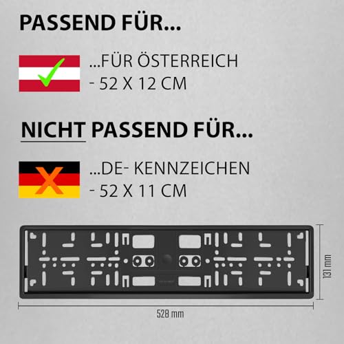 2 Kennzeichenhalter schwarz Österreich - für at 52x12cm - Dezent & gleichbleibender Rand Kennzeichenhalterung Nummernschildhalterung Nummerntafelhalter Wechselkennzeichen Nummerntafelhalterung Auto