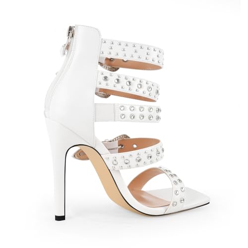 onlymaker Square Toe Rhinestone Beaded Zip up Stiletto Heeled Sandals for Women Multi Rivet Studded Buckle Bands Summer Sandals4