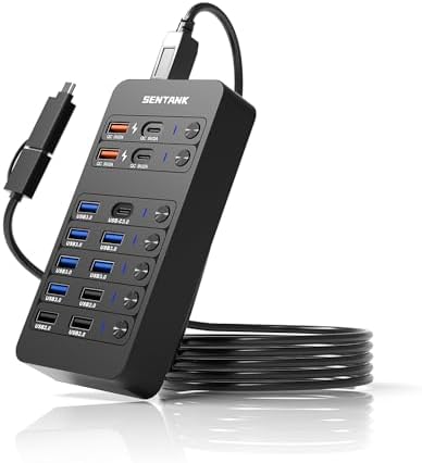 SENTANK Powered USB Hub,14 Ports USB Data Hub Splitter with 6 USB 3.0 Port,4 Charging Port,1 USB-C 3.0 Data Port,1 PD 60W Charging Port w LED Individual On/Off Switches for MacBook,Mac Pro,Laptop/PC