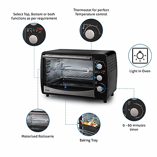 Image of Glen SA-5020R OTG 20 Litres Electric Oven Toaster Griller 1200 Watt Fitted with a Motorized Rotisserie and Convection Fan, 60 Minutes Timer (5020R, Black), 2 Years Warranty