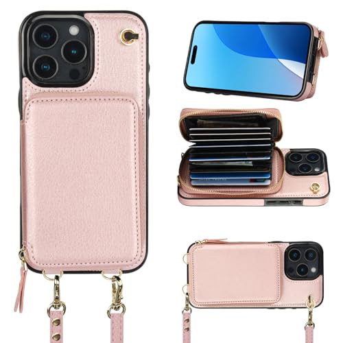 Bocasal Crossbody Wallet Case for iPhone 16 Pro Max, RFID Blocking Leather Purse Case with Card Holder, Protective Handbag Flip Cover with Zipper Wrist Strap Lanyard for Women 5G 6.9 Inch (Rose Gold)