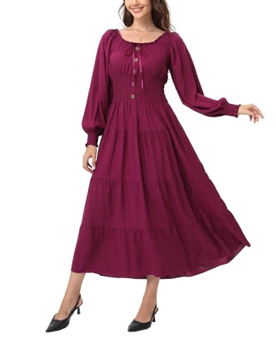 Image of OSTOO Women's 2026 Casual Long Sleeve Square Neck Smocked High Waist Flowy Maxi Dress,Boho Tiered Beach Party Dress