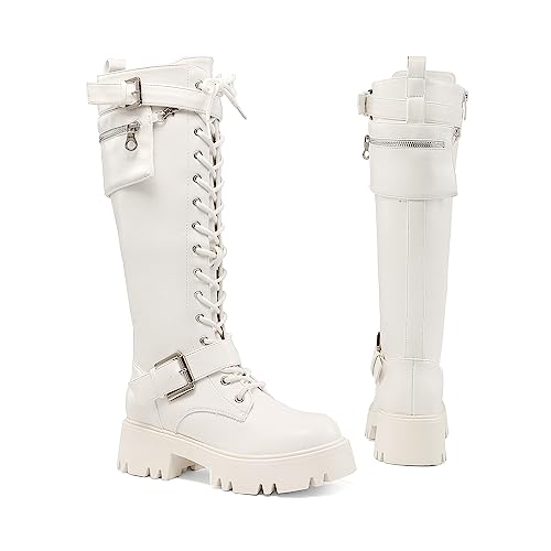 DREAM PAIRS Women's Combat Riding Platform Knee High Boots, Lace Up Fall Lug Sole Gothic Motorcycle Boots with Inside Zipper,Size 8.5,White,SDKB2304W