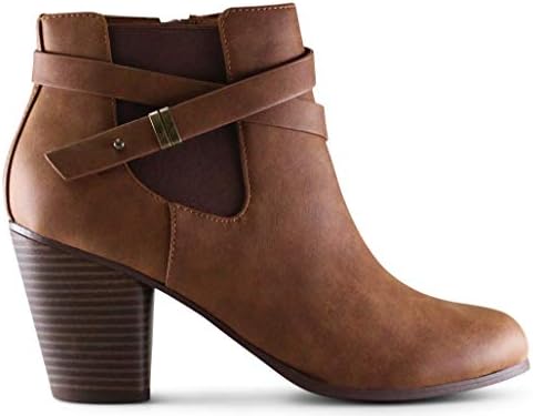MARCOREPUBLIC Montreal Women's Almond Toe High Chunky Block Stacked Heels Ankle Booties Boots - (Tan DISPU) - 10