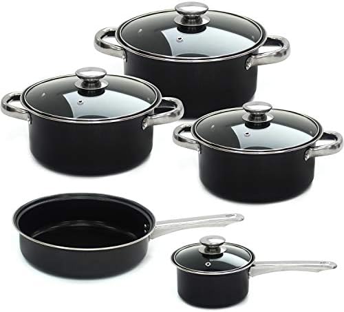 9 Piece Pan Set Black Cookware Saucepan Non Stick Stainless Steel Cooking Grill