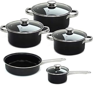 9 Piece Pan Set Black Cookware Saucepan Non Stick Stainless Steel Cooking Grill