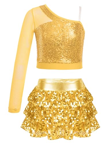 Alvivi Vestido de baile para niña, vestido de lentejuelas latinas, disfraz moderno de danza, con un hombro, camiseta de manga larga con falda corta, traje de baile, dorado, 146-152 Alvivi Vestido de baile para niña, vestido de lentejuelas latinas, disfraz moderno de danza, con un hombro, camiseta de manga larga con falda corta, traje de baile, dorado, 146-152