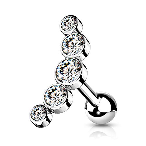 Amelia Fashion 16 Gauge 5-Round Gem Set Curve Top 316L Surgical Steel Cartilage Barbell Studs (Clear)