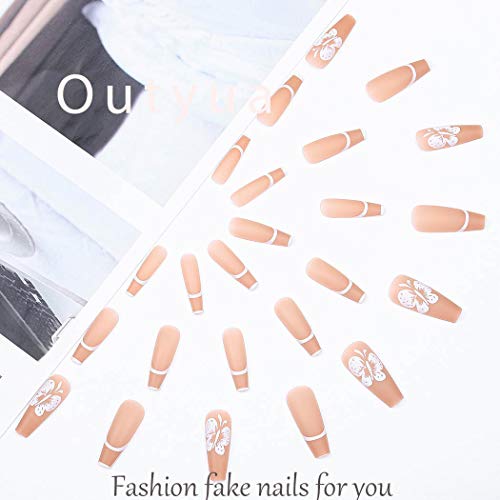 Outyua Matte Butterfly Extra Long Press on Nails Nude Coffin Fake Nails French Cute False Nails Nallerina Full Cover Acrylic Nails for Women and Girls 24Pcs