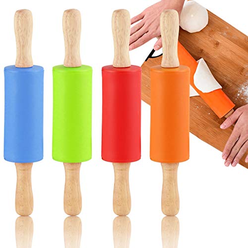 Faxco 4 Pack Mini Rolling Pin for Kids, 9 Inch Wooden Handle Rolling Pin Non-Stick Silicone Rolling Pins for Children Cake Baking
