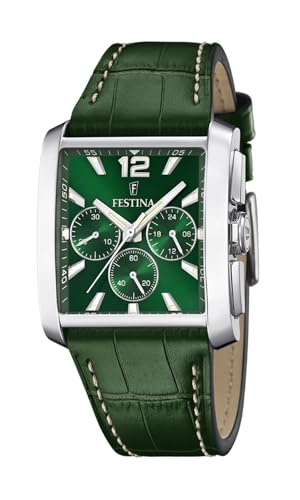 Festina Montre Homme Analogique avec Bracelet en Cuir Vert - Mouvement Quartz - Chronographe - Verre Minéral Haute Résistance - Étanche 5 ATM - Élégante...