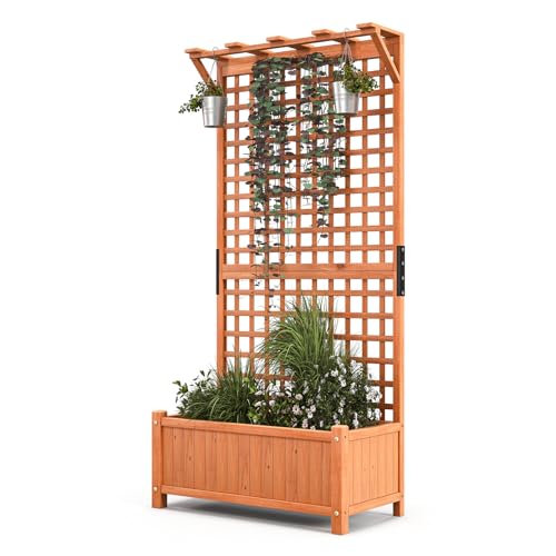 RELAX4LIFE Blumenkasten mit Rankgitter & Dach, Tannenholz-Pflanzkasten mit Spalier & Entwässerungslöcher, Blumenkübel Gartenspalier Rankkasten für Garten, Balkon & Terrasse (90 x 44,5 x 183,5 cm)