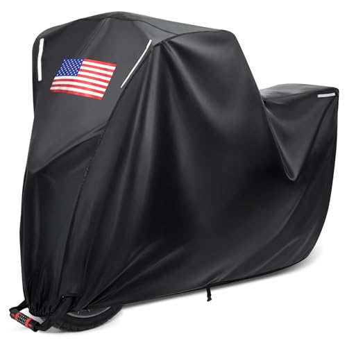 Benlari Motorcycle Cover Waterproof Outdoor, Heavy Duty Motorcycle Cover, Universal All Season Protection Night Reflective with Lock-Holes American Flag Fits up to 96.5\" Motorcycles Vehicle Cover