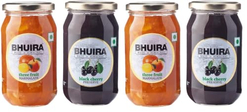 Image of Bhuira|All Natural Jam Black Cherry Preserve & Three Fruit Marmalade-240g Each|No Added preservatives|No Artifical Color Added|Pack of 4