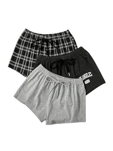 WDIRARA Women's 3 Pack Plaid Letter Graphic Pajama Shorts Elastic Waist Pj Lounge Shorts