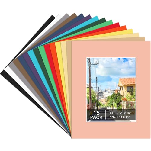 15 Pack 20x16 Picture Mats Mixed Colors Frame Mattes for 11x14 Pictures Photo Frame Mat Core Bevel Cut Mat Board Show Kit for Photos Prints Artworks