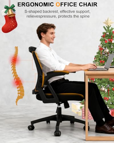 Durrafy Ergonomic Office Chair, Desk Chair with 90° Flip-up Armrests, Lumbar Support & Height Adjustable, Breathable Swivel Computer Chair with Tilt Function, Mid-Back Mesh Chair For Home/Office - Image 5