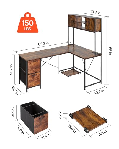 Image of VEVOR L-Shaped Gaming Desk with LED Lights, 62.2-inch Reversible Corner Computer Desk with Power Outlets, Movable CPU Stand & Storage Drawers, Modern Stylish PC Gaming Table for Home Office