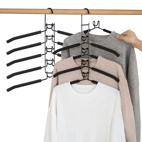 DAWNTREES 2 Pack Clothes Hangers,5 in 1 Space Saving Hangers, Space Saver Coat Hangers.Anti-Slip Foam Padded Shirt Suit Hanger for Closet Storage Organizer,Multilayer Metal Clothes Hanger