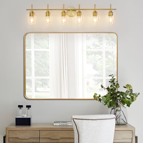 Image of foucasal Bathroom Vanity Light Fixtures, Bathroom 6-Lights Over Mirror Modern Vanity Lighting with Clear Wine Glass Shade Wall Lamp for Bedroom Hallway Living Room (Gold, 6-Light)