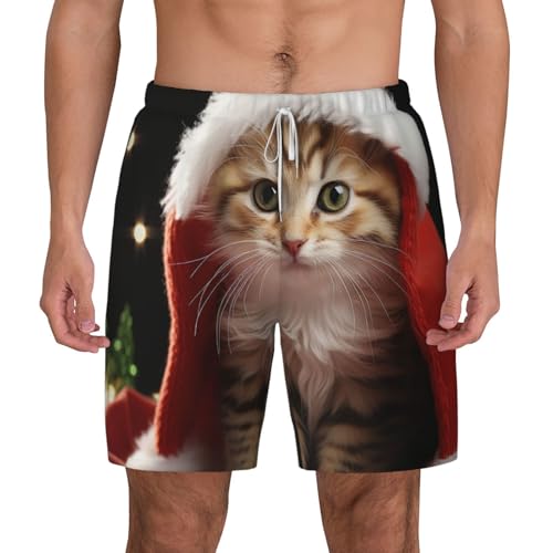 Men's Swim Trunks Quick Dry Board Shorts Cute Christmas cat Beach Shorts with Pocket Bathing Suits for Men