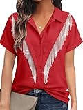 MYMORE Womens Rhinestone Fringe Shirt Top Nashville Country Western Cowgirl Outfit Short Sleeve Bling Button Up Shirts Top Dolly Costume Parton Rave Party Club Clubbing Outfit Clothing Red S