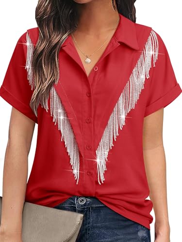 MYMORE Womens Rhinestone Fringe Shirt Top Nashville Country Western Cowgirl Outfit Short Sleeve Bling Button Up Shirts Top Dolly Costume Parton Rave Party Club Clubbing Outfit Clothing Red S