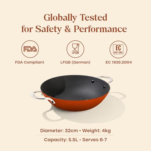 Image of CUMIN CO. Enamel Cast Iron Kadai LITE with Lid | 4L, 28 cm |5 Years Warranty | Non Toxic Heavy Bottom Kadhai for Frying | Induction & Gas Compatible | Chemical Free Coating | Color: Rust