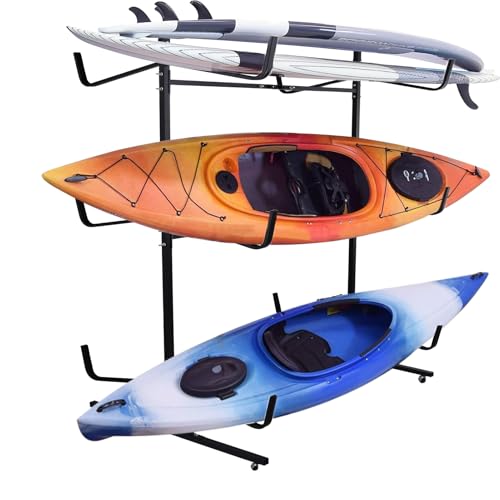 Kayak Storage Rack, Heavy Duty Kayak Racks with Wheels, Expandable Width 130-170CM/51-66.9In Outdoor Storage Rack, for Kayak, Canoe, Surfboard and Paddleboard