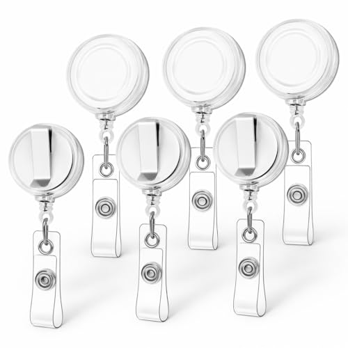 6 PCS Retractable ID Badge Holder Reel with Metal Belt Clip Heavy Duty Badge Reels for ID Cards Keys & Keycards Retractable Badge Holder for Office Nurses & Teachers (White)
