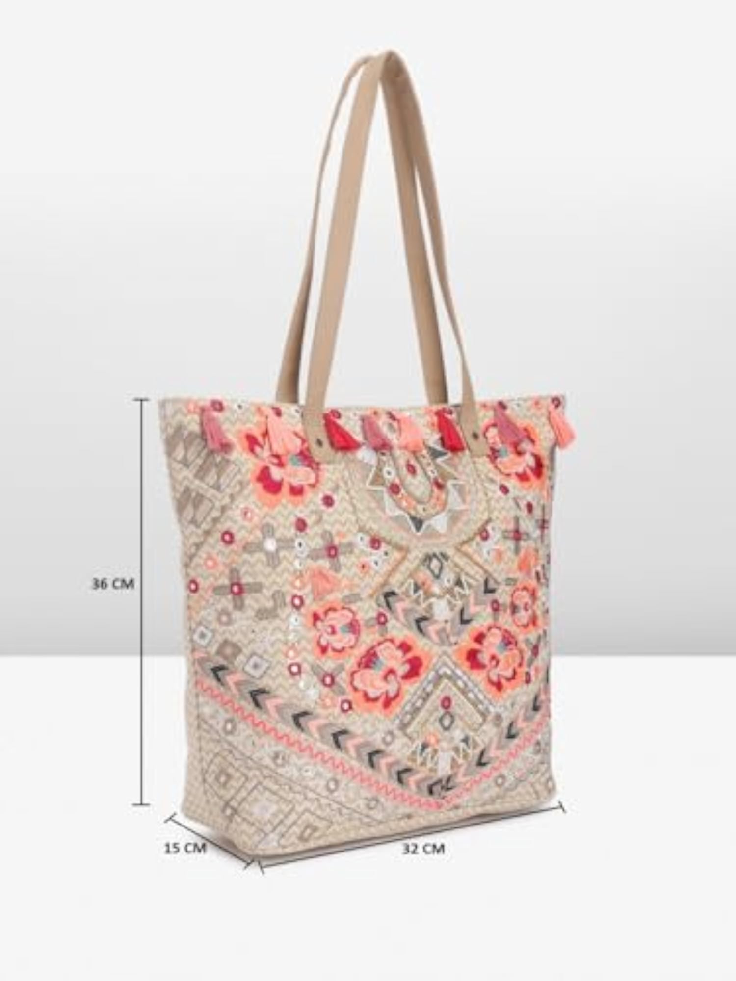 Woven Beach Tote Bag with Tropical Leaf Embroidery