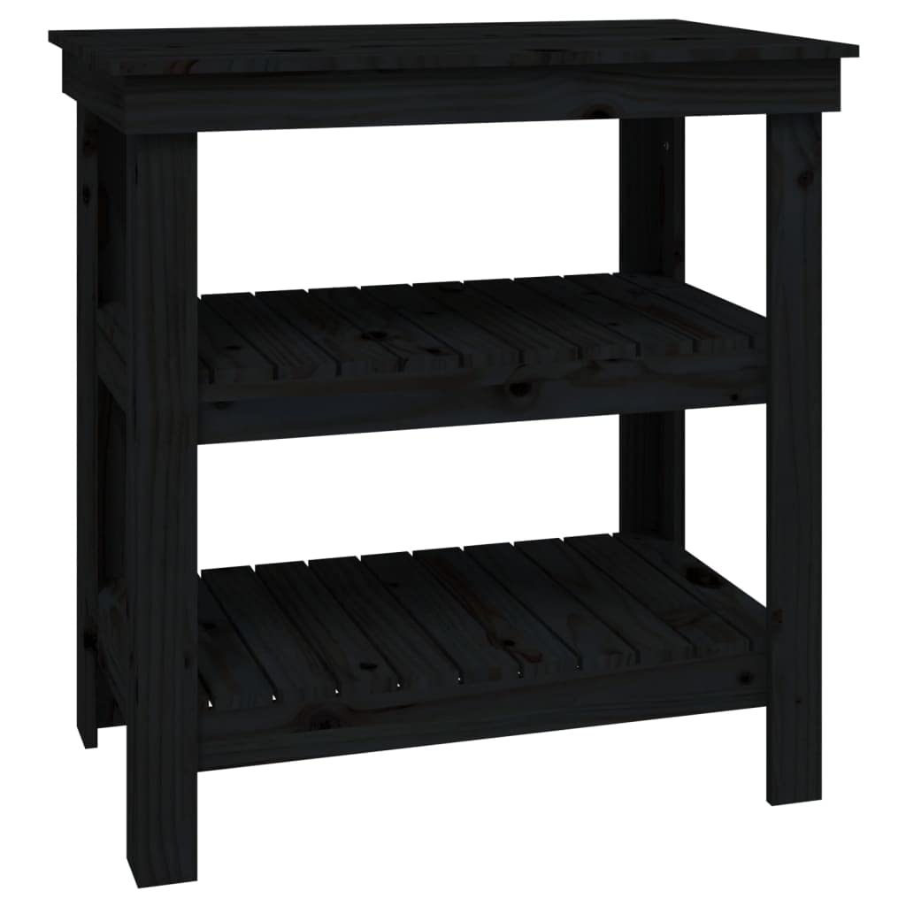 Banco de trabajo de madera maciza de pino 78,5 x 50 x 80 cm negro con estantes y espacio de almacenamiento, marco de madera robusta para estabilidad, práctica mesa de trabajo para el salón,