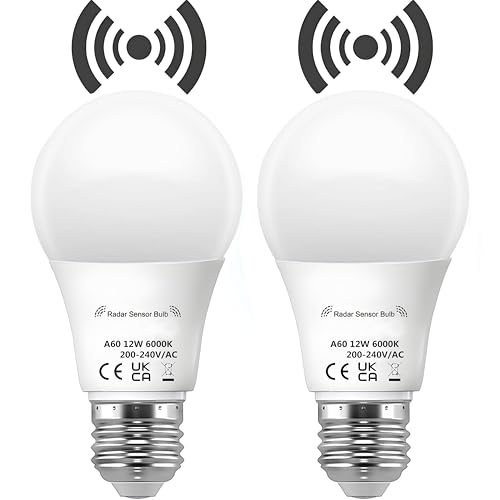 Vanpus Dusk to Dawn Light Bulbs,Motion Sensor Light Bulb, Auto On/Off Radar Sensing Bulb, E27 LED Light Bulb, 12W (6000k),Night Lamp for Stairs, Garages, Corridors, Courtyards, etc (2 Pack)